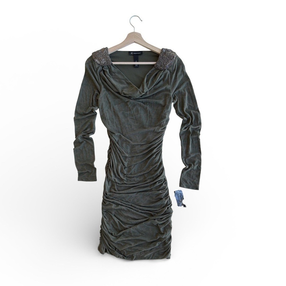 INC Ruched Camo Dress M Utility Chic Olive Green Beaded Cowl Neck Midi Dress‎
